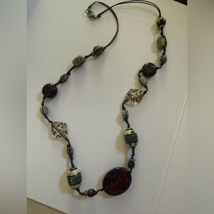Animal Print Beaded Necklace on Leather Strands, Brown, Black, Cream Hues,Safari